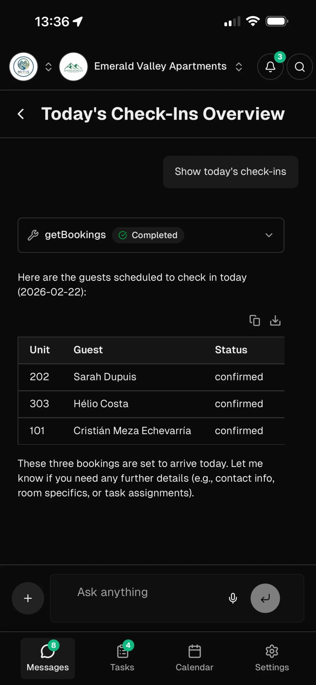 Superhost AI chat showing today's check-ins with booking data retrieved automatically