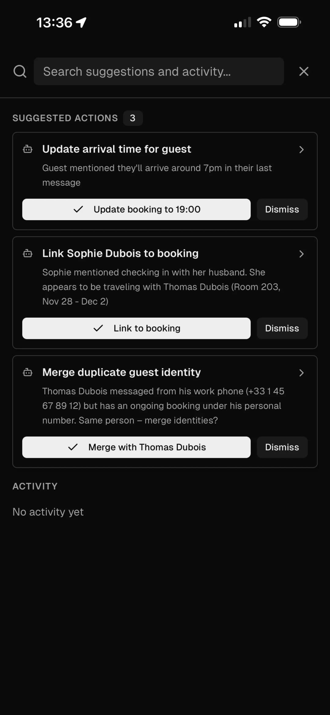 Superhost AI suggestions panel for automated actions