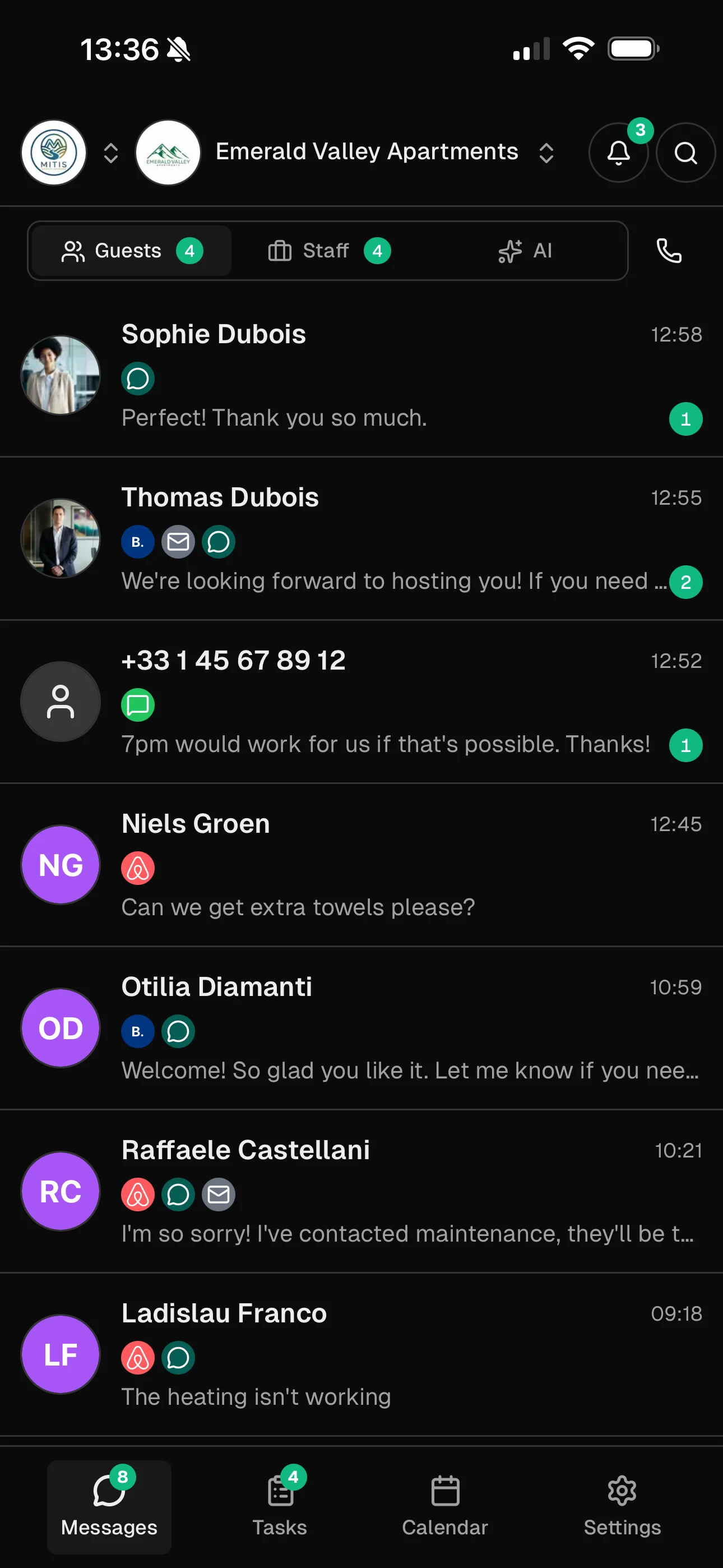 Vidimo unified inbox showing guest conversations across channels