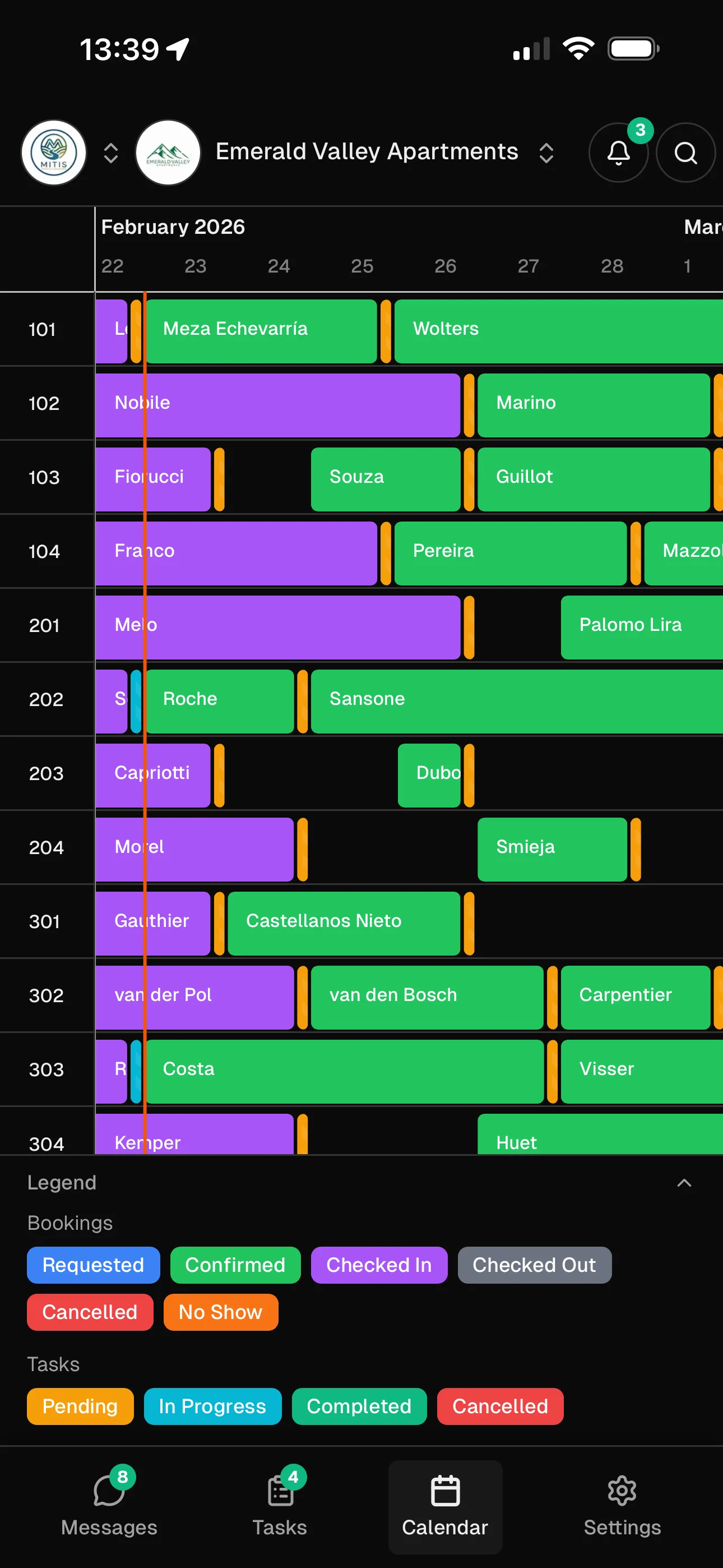 Superhost calendar view showing multi-property booking timeline with color-coded reservations